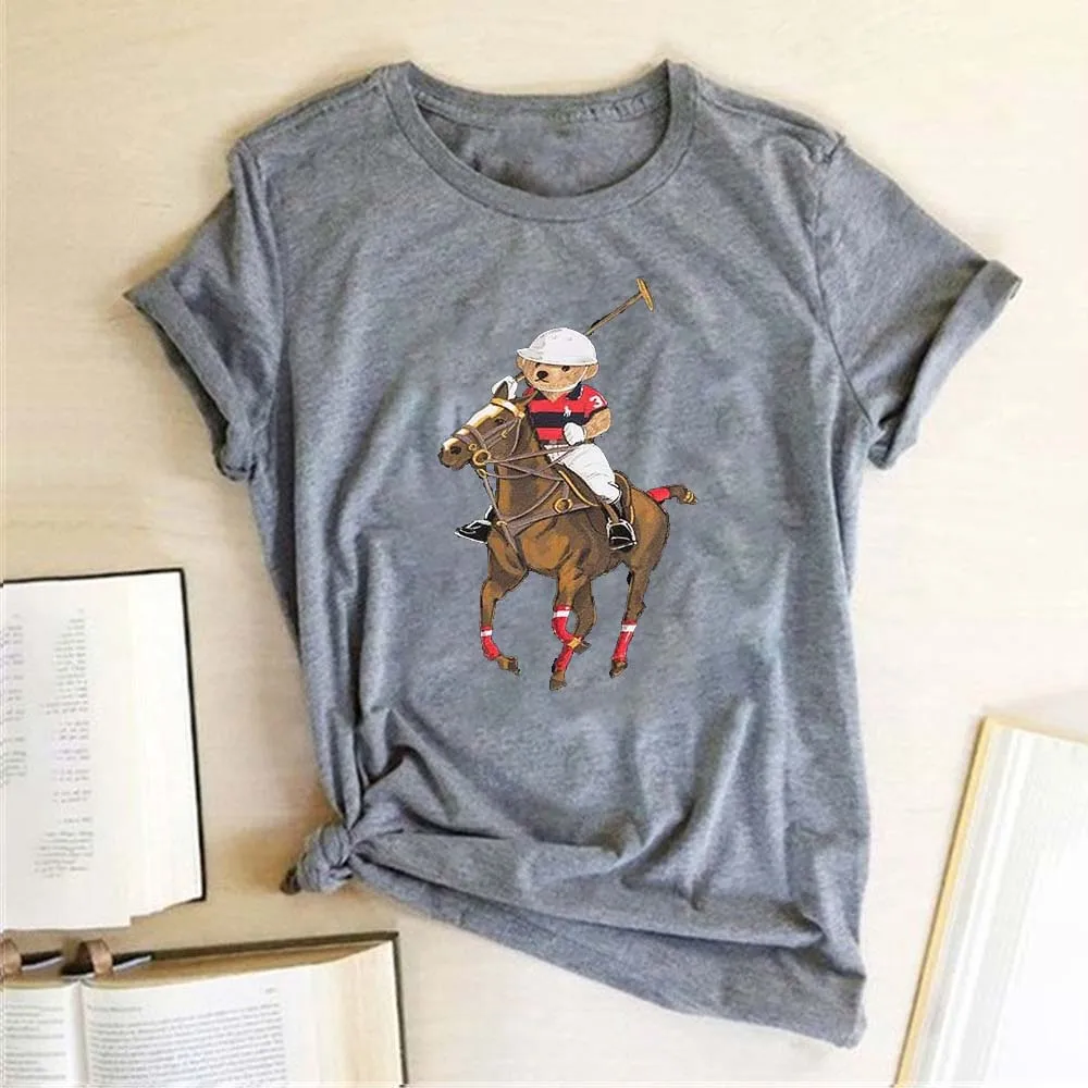 Seeyoushy Bear Riding Polo Print Summer Casual Fashion Women\'s Shirt Harajuku Women\'s Short Sleeve Crewneck Top Vegan T Shirt