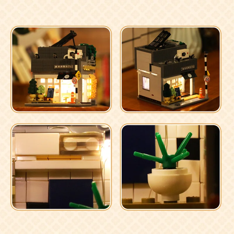 Creative Japanese Summer Breeze Coffee Shop Model Modular Street view Series Adultes DIY Toys Building Blocks USB light Boy Gift