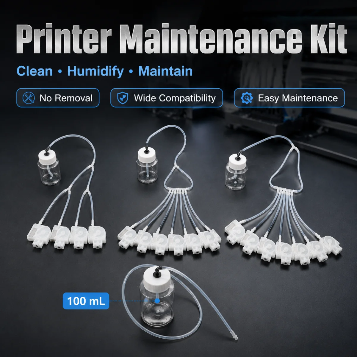 No-Remove Printhead Cleaning Humidifying Kit 4/6/8 Channel 100ML for DTF DTG UV Printer i3200 i1600 DX5 Unclog Maintenance Tool