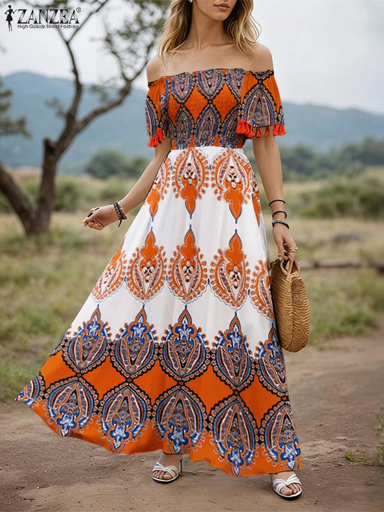 

ZANZEA 2025 Women Maxi Dress Off The Shoulder Elegant Patchwork Collect Waist Sundress Fashion Ruffles Vestidos Printed Robe