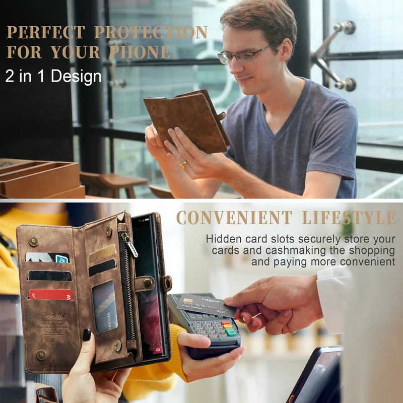 CaseMe-Leather Zipper Phone Case, Multifunction Wallet, 2 in 1 Full Case, Samsung Galaxy S21, S22, S23 Plus, Note 20 Ultra, A53