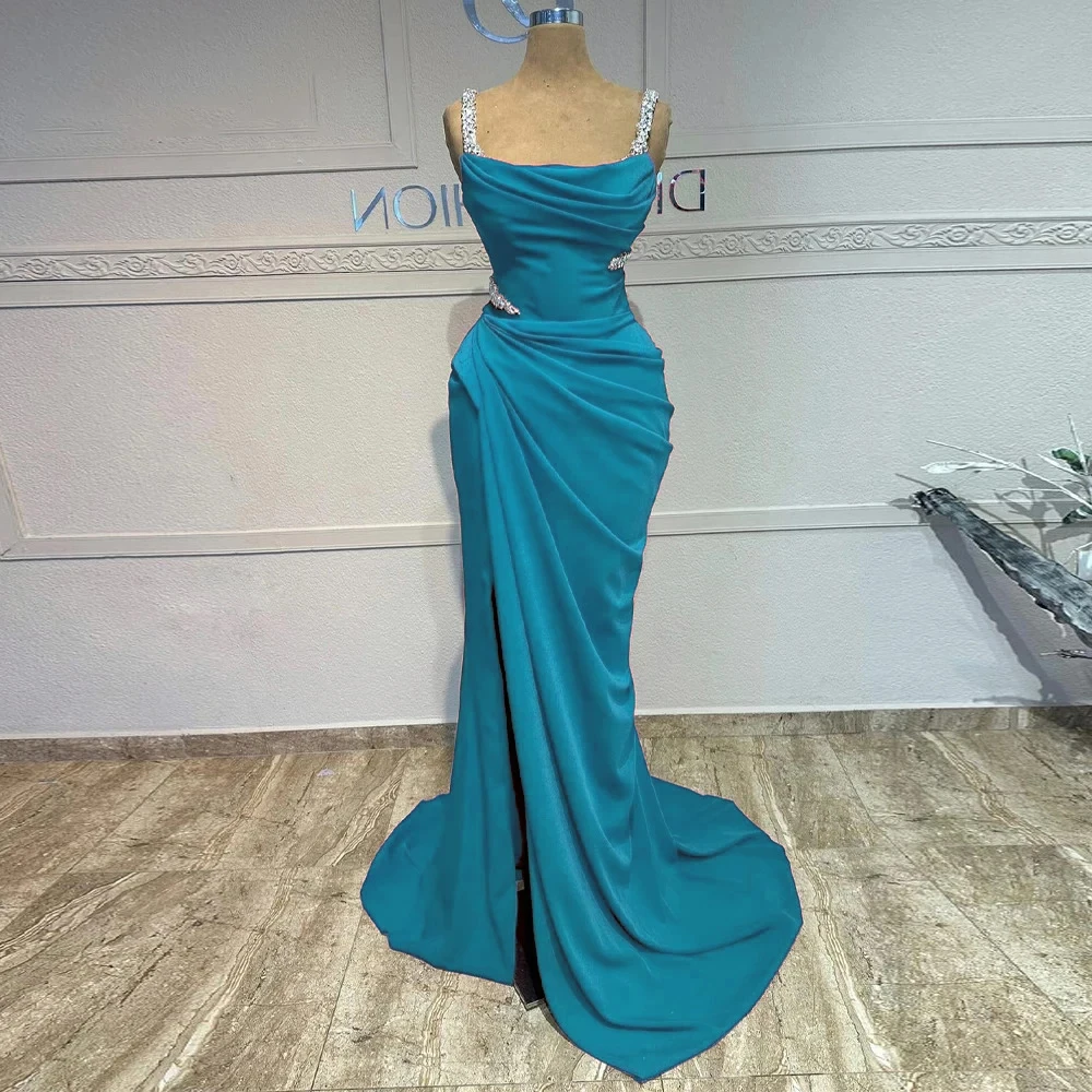 Customized Evening Dresses  Classic Formal Intricate Jersey Ruched Pleat Straight Spaghetti strap Long Dresses High quality