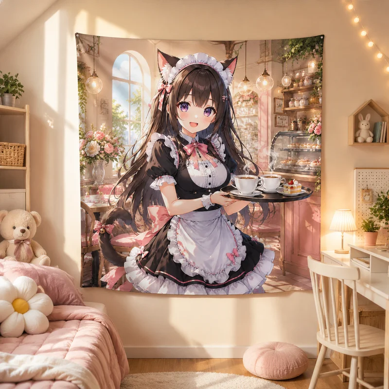 VIKAMA Cat-Ear Maid Anime Tapestry, Sweet and Cute Cat-Ear Girl Print Tapestry, Gentle-Style Home Decor for Girls' Bedrooms