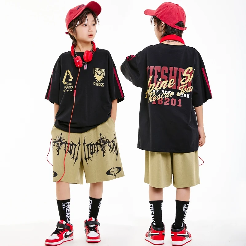 

Cool Hip Hop Jazz Dance Costumes Boys Girls Team Performance Costumes Children Loose Short Sleeve Clothes Practice Wear DN20428