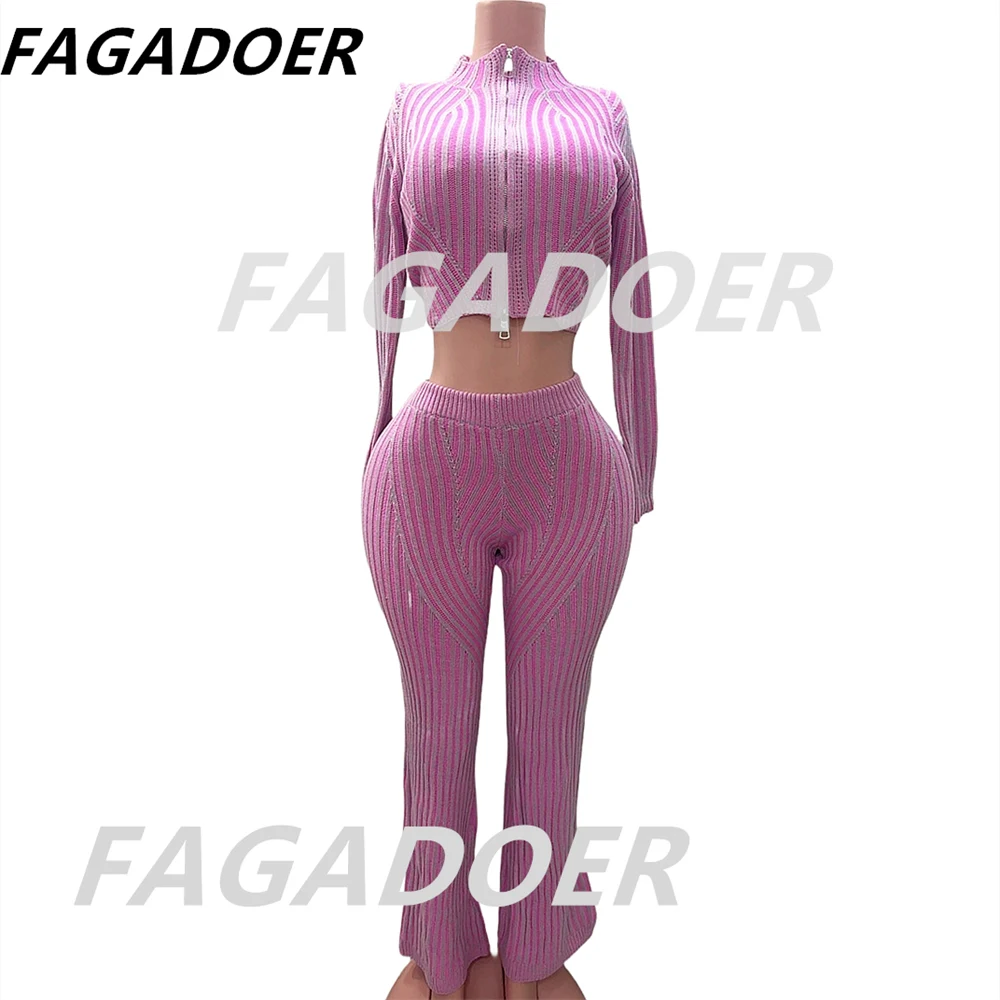 FAGADOER Autumn New Knit Casual 2 Piece Set Outfit Women Solid Zip Slim Crop Top and Flare Pants Suit Female Streetwear Clothing