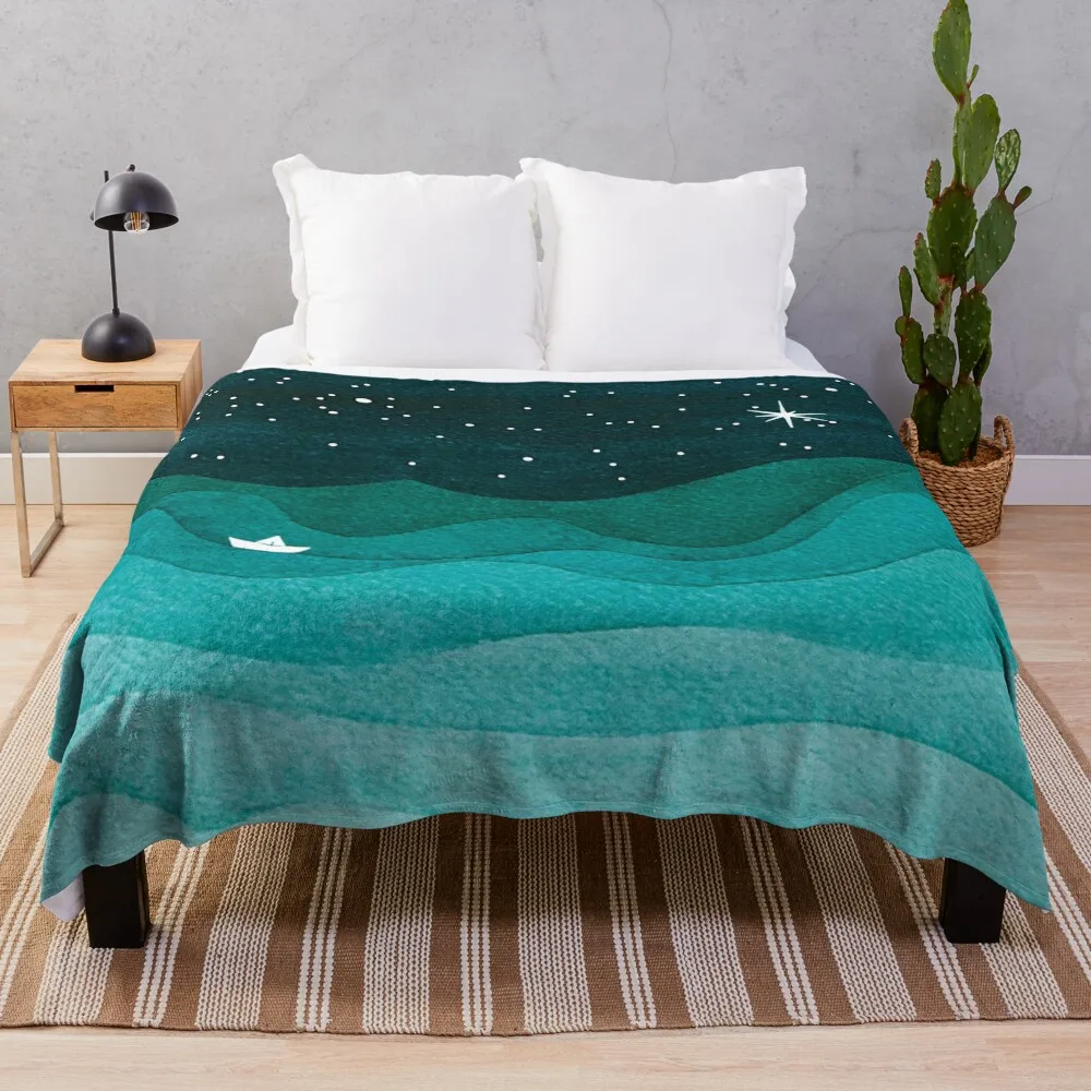 

Starry Ocean, teal sailboat watercolor sea waves night Throw Blanket blankets and throws for sofa Cute Plaid Polar Blankets