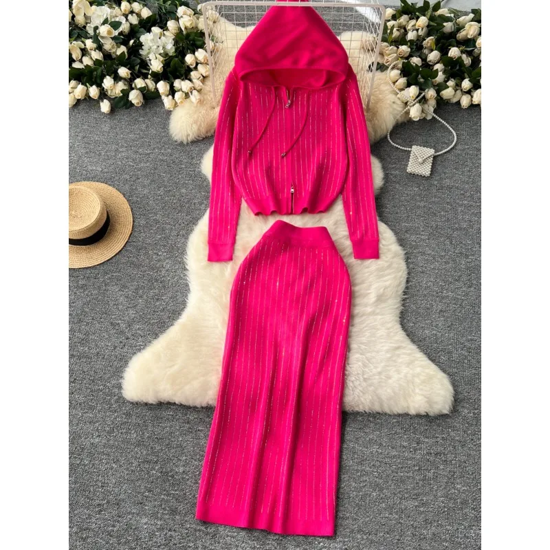Autumn Winter Casual Skirt Suit Female Socialite Fashion Hot Drilling Hooded Zipper Cardigan Sweater Jacket Knitted Hip Skirt