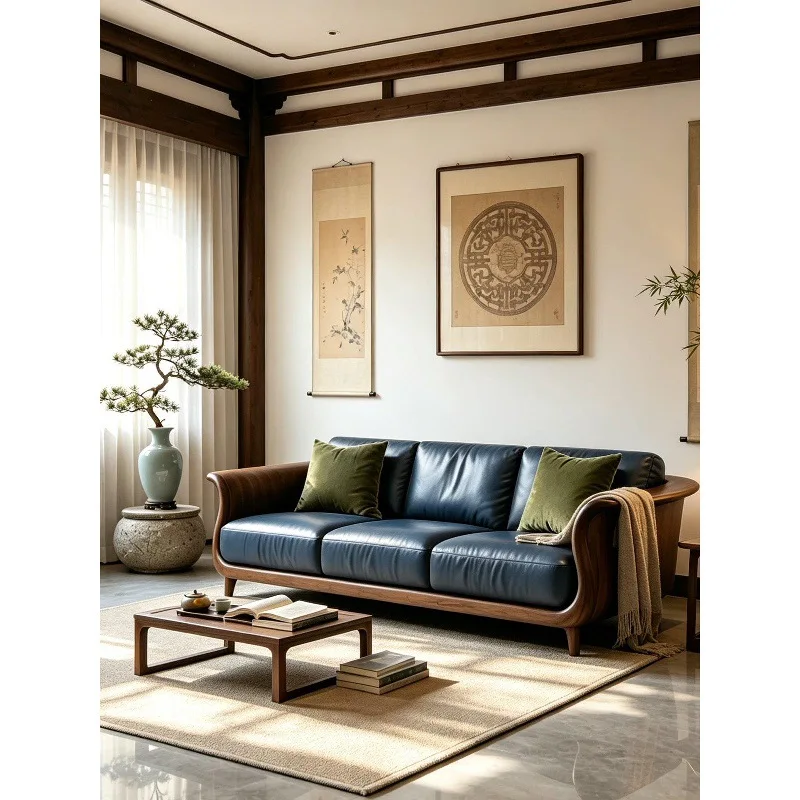 Black walnut leather modern sofa three-person tea room tenon and mortise structure