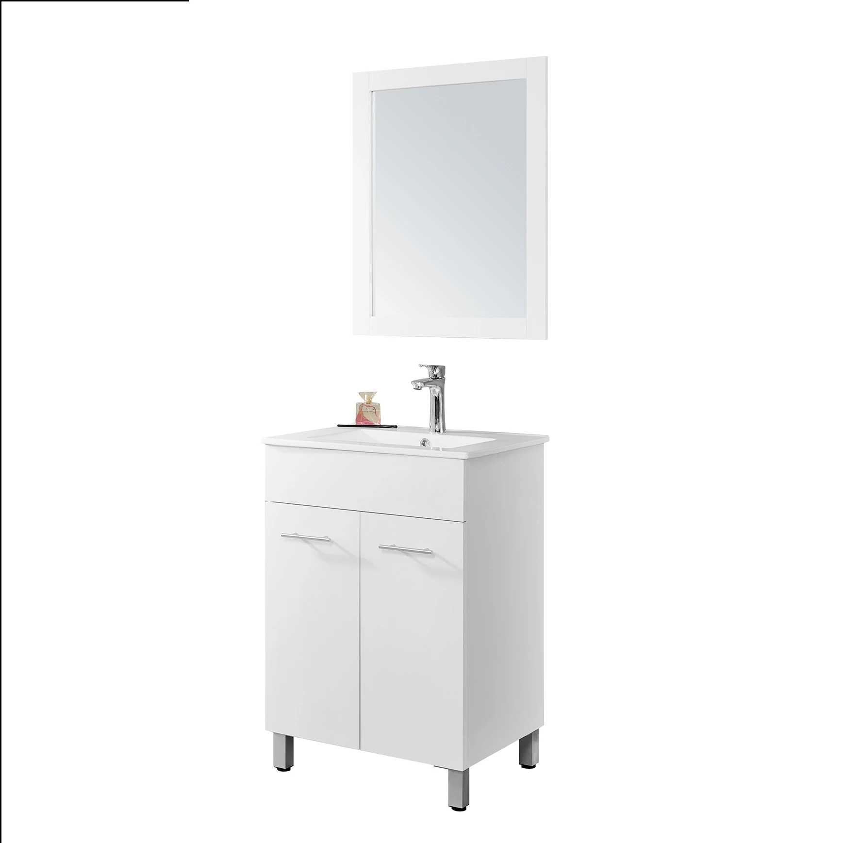 Tocador de baño de diseño de cliente, mueble de 2 puertas de pie con espejo, mármol blanco