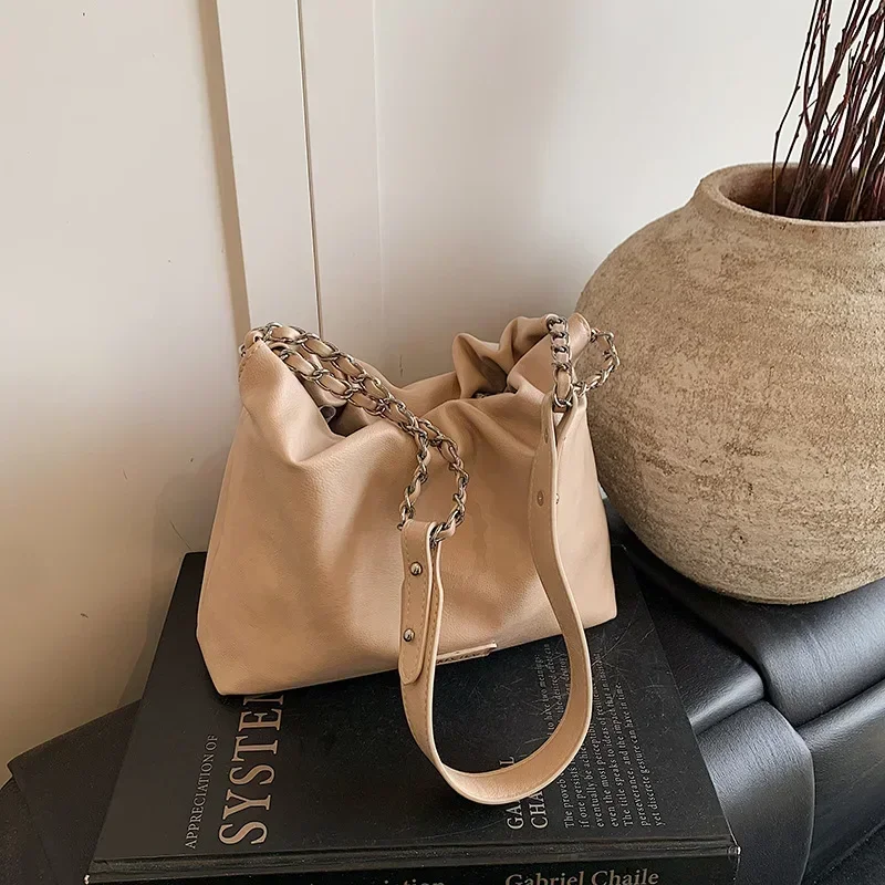 Women's Versatile Soft-Faced Drawstring Bag 2025 - Simple Stylish, Luxury Chain Handle, Shoulder & Handheld, Casual/Party