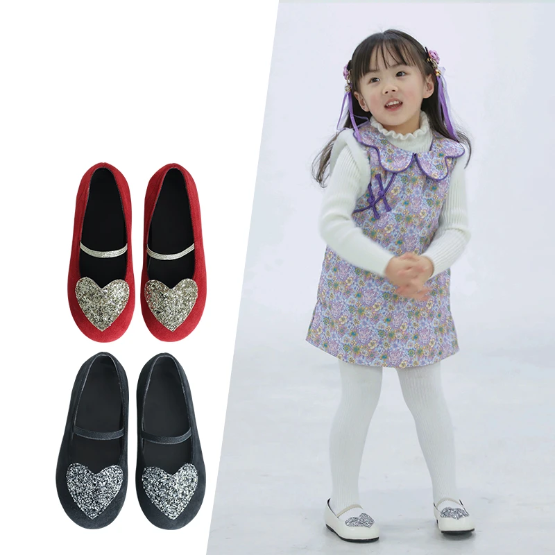 Sweet Shiny Heart Girl Princess Shoes Slim Style Gold Velour Children\'s Casual Shoes Colorful Sequins Baby School Flats