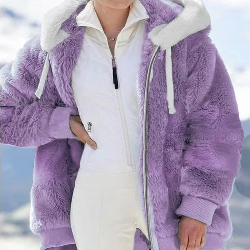 2023 New Women's Winter Coat Solid Color Warm Plush Large Size Ladies Coat Fall Winter Loose Plush Zipper Hooded Women's Coat