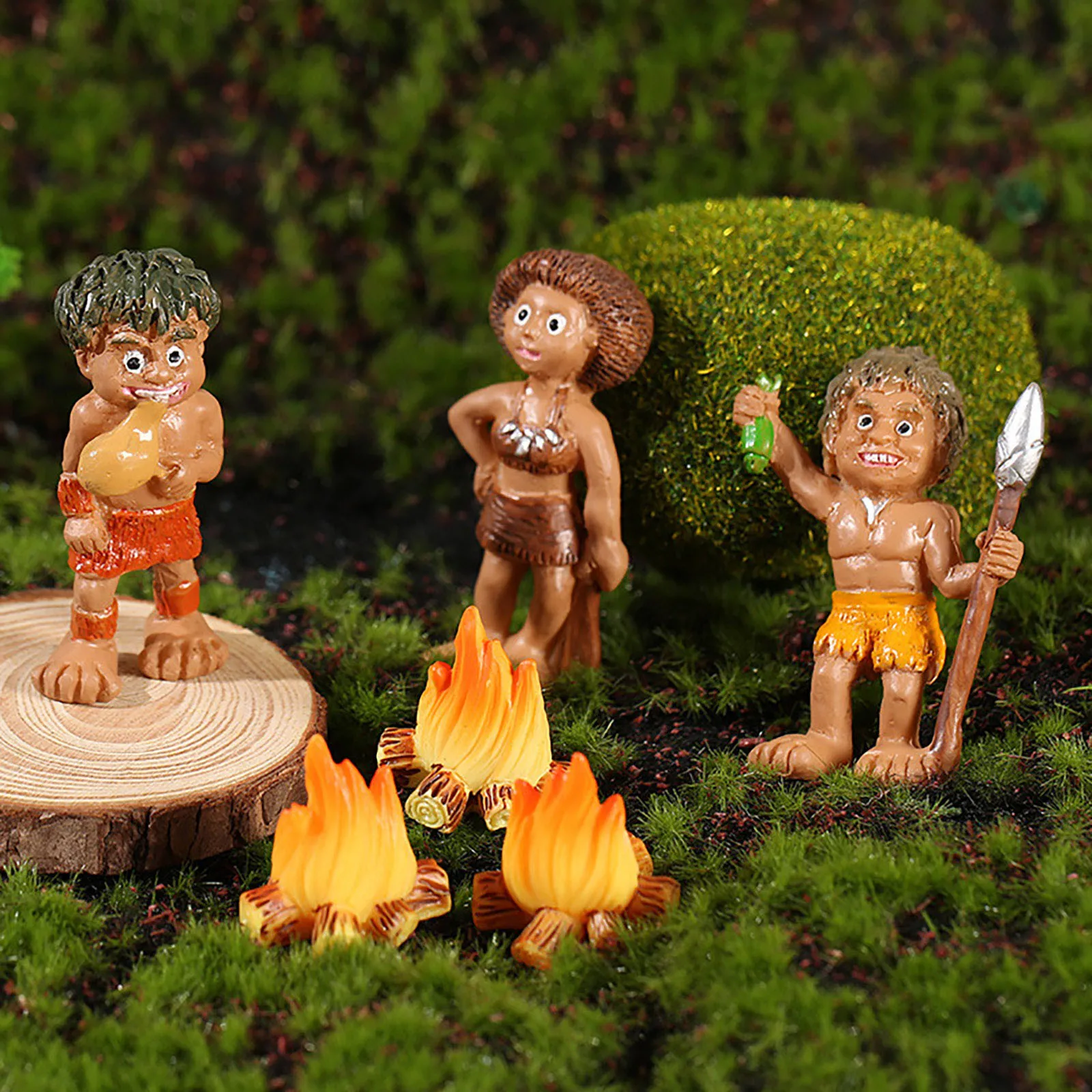 Mini Wild Man Bonfire Figurines Miniature Resin Primitive Camp Fire Figure Set For Diy Fairy Garden Gnomes Couple Room Decor