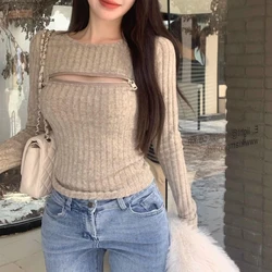 Women Clothing Autumn Winter Stylish Sexy Hollow Zipper Long Sleeve Crop Tops Y2K Female Solid O Neck Skinny Club Basic T-shirt