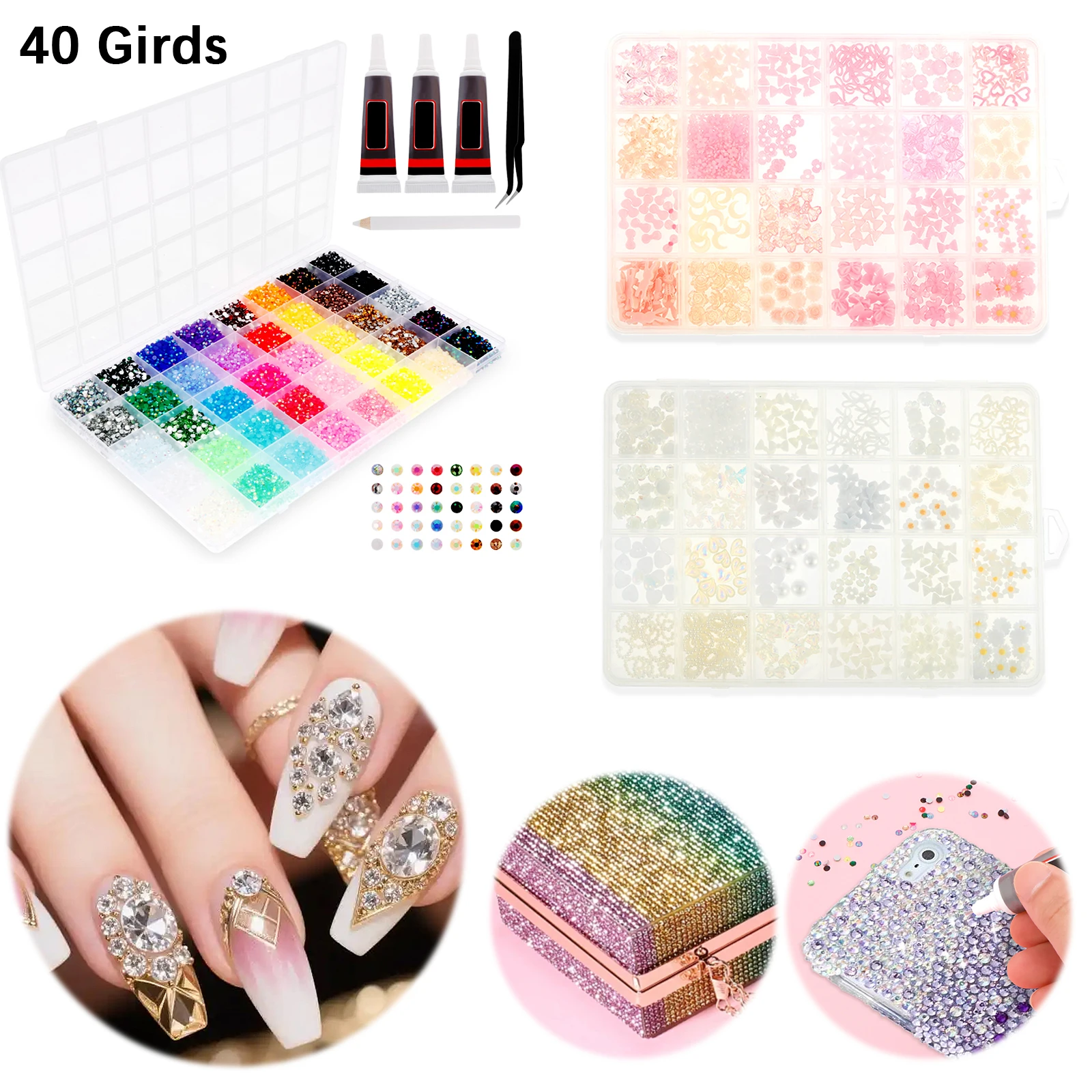 3 mm Resin Flatback Rhinestones Kit DIY Nail Art Rhinestones Bedazzling Kit with Pink and White Nail Charms for Manicure Craft