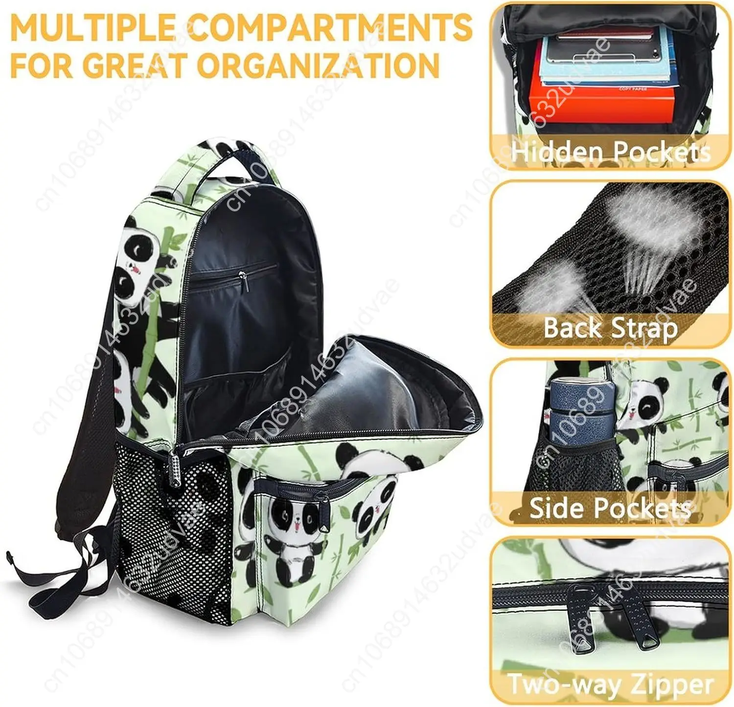 Panda Backpack for Girls Boys, 16 Inch Panda Theme Bookbag with Adjustable Straps, Durable, Lightweight, School Bag with Large C