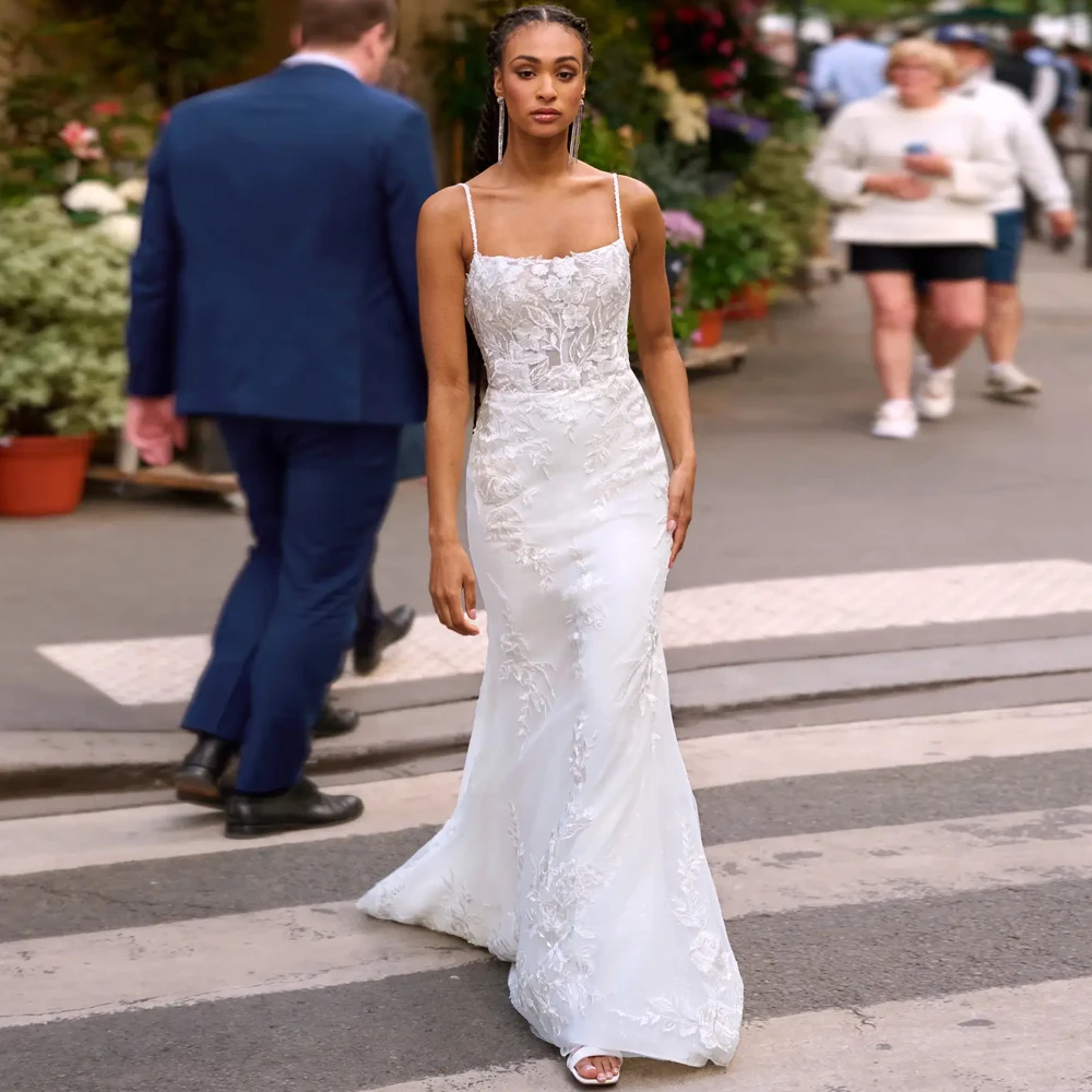 Simple Mermaid Spaghetti Strap Square Neck Wedding Dresses Applique Lace Bridal Grown Customized Open Back New Vestidos De Novia