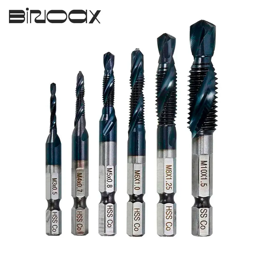 

Binoax 6Pcs M35 TiAlN Coated Combination Drill Tap Bit Countersink HSS-Co Cobalt Taps Metric Combination Bit Hex Shank M3-M10