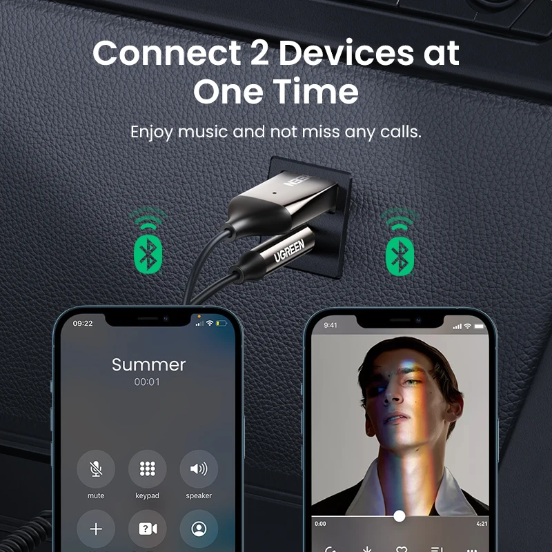 Ugreen-Bluetooth 5.3ハンズフリーアダプター,3.5mm補助音楽,ナビゲーション,ストリーミング,通話用マイク,車