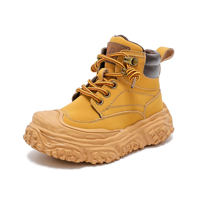 

Cotton Shoes Cashmere Boys And Girls Yellow Winter Boots Children's Shoes Sider Zipper Spring Leather Retro Boots