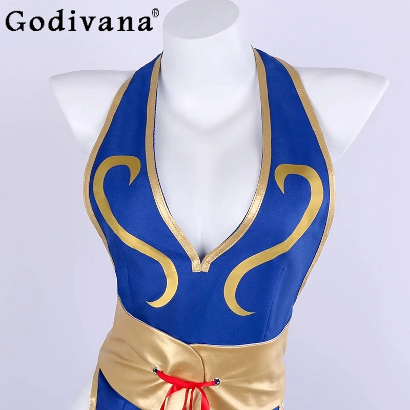 فستان رقص كوسبلاي أزرق برقبة رسن وفتحة عالية من شيونغسام فستان نسائي مثير لعبة مقاتلة الشارع فستان الهالوين للفتيات