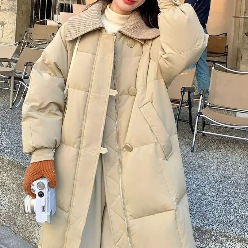 

Winter Fashion Knitted Lapel High-quality Long Warm and Loose Cotton Coat