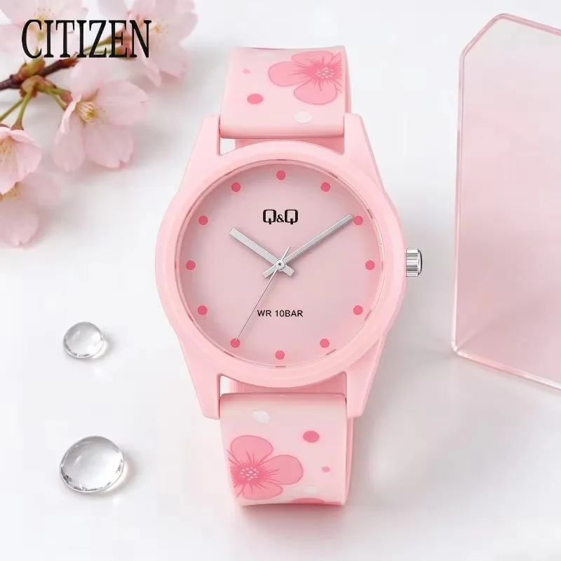 Citizen Q&Q V08A Women Daily Wristwatch Japan Quartz Movement 10BAR Waterproof Light Plastic Floral Silicone Band Watch
