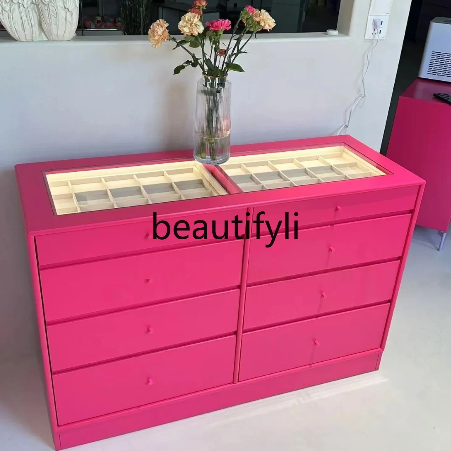 

Dopamine Jewelry Glass Display Bedroom Chest of Drawers Storage Cabinet Customization