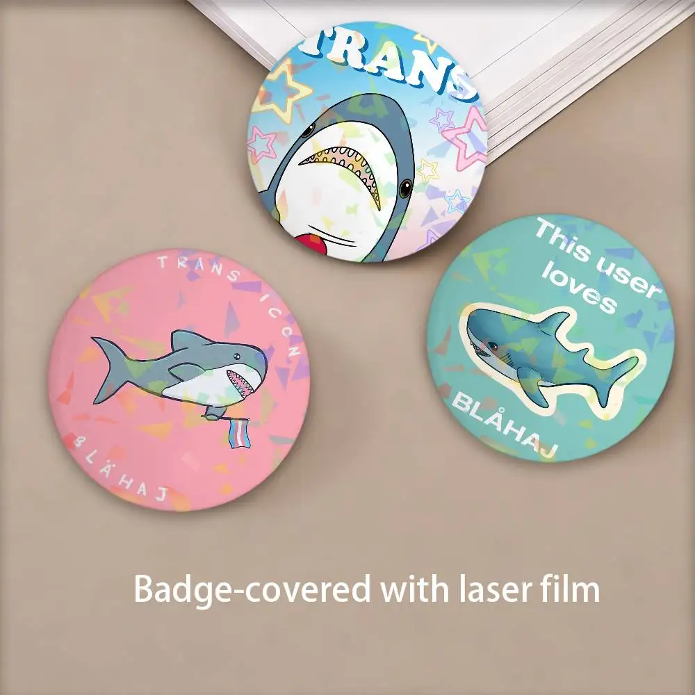 Trans Blahaj Shark Cartoon Round Badge for Backpack Accessories Laser Lapel Pins Jewelry Gifts view 2