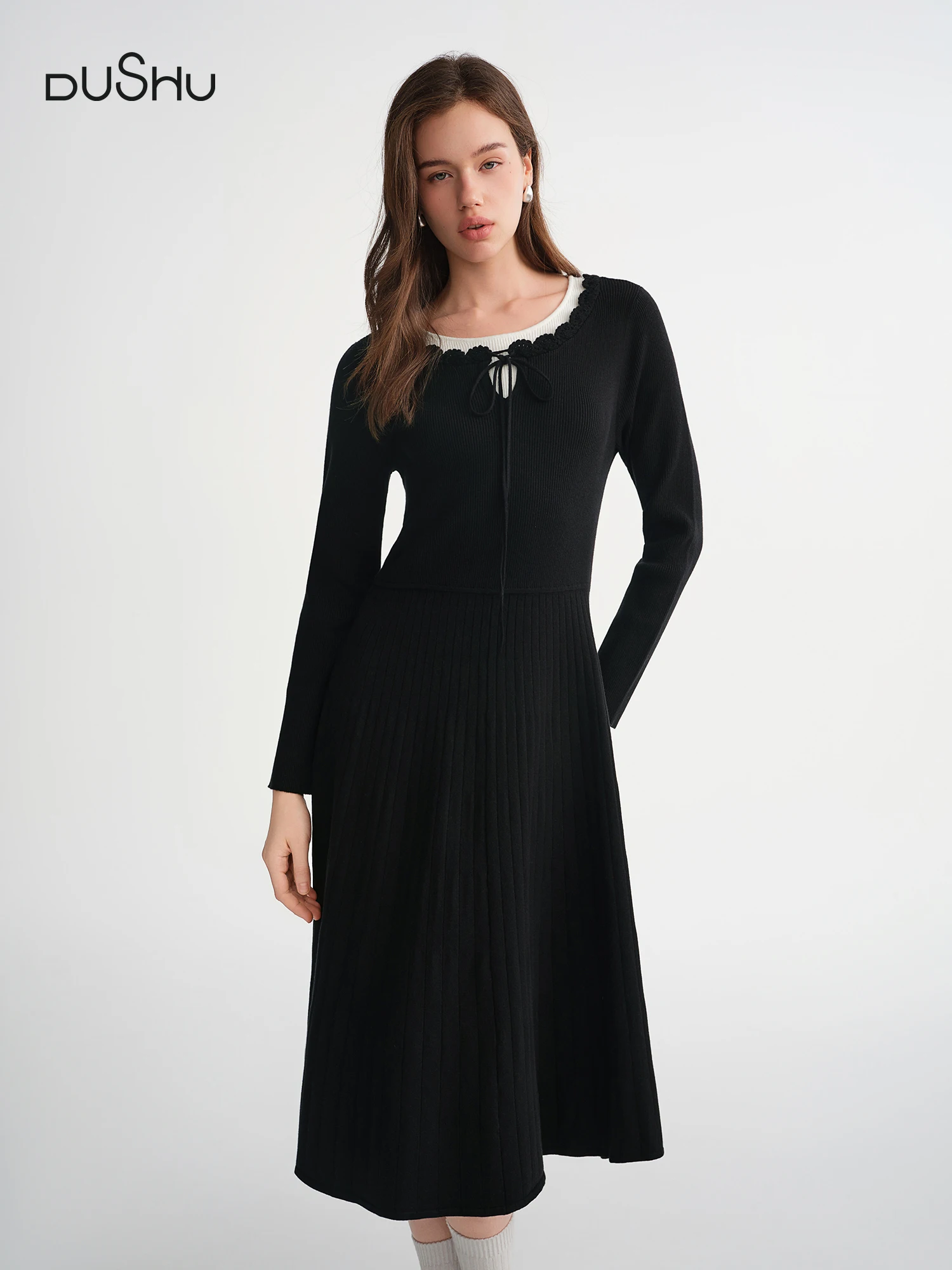 

DUSHU Women's Fashion Private Romantic Color Clash Mock Two-Piece Knit Dress Elegant and Versatile Knit Dress for Curvy Women
