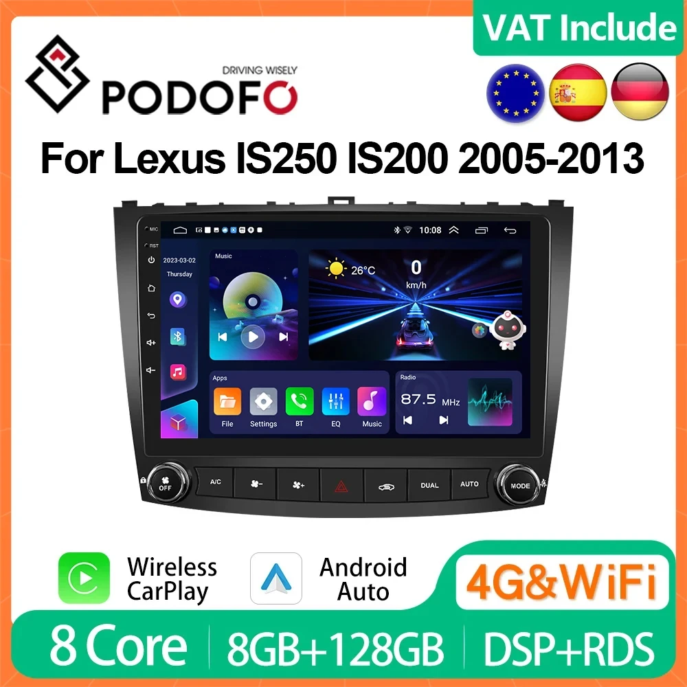 Podofo CarPlay Android Car Radio For Lexus IS250 IS300 IS200 IS220 IS350 2005-2012 Multimedia Player 2din Head Unit HiFi Stereo