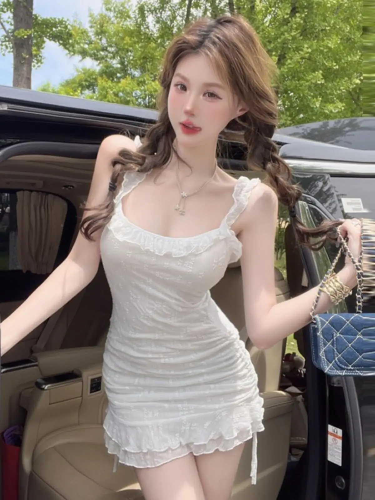 Sweet Lace Trim Square Ne Dstring Strapl Dr Slim Fit Summer Faionable Women's Dr Travel Suitable Casual Dr