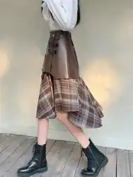 Irregular Patchwork Skirt High Waist Design PU Leather Skirt Temperament Checkered A-line Skirt 2024 Autumn New Women's Clothing