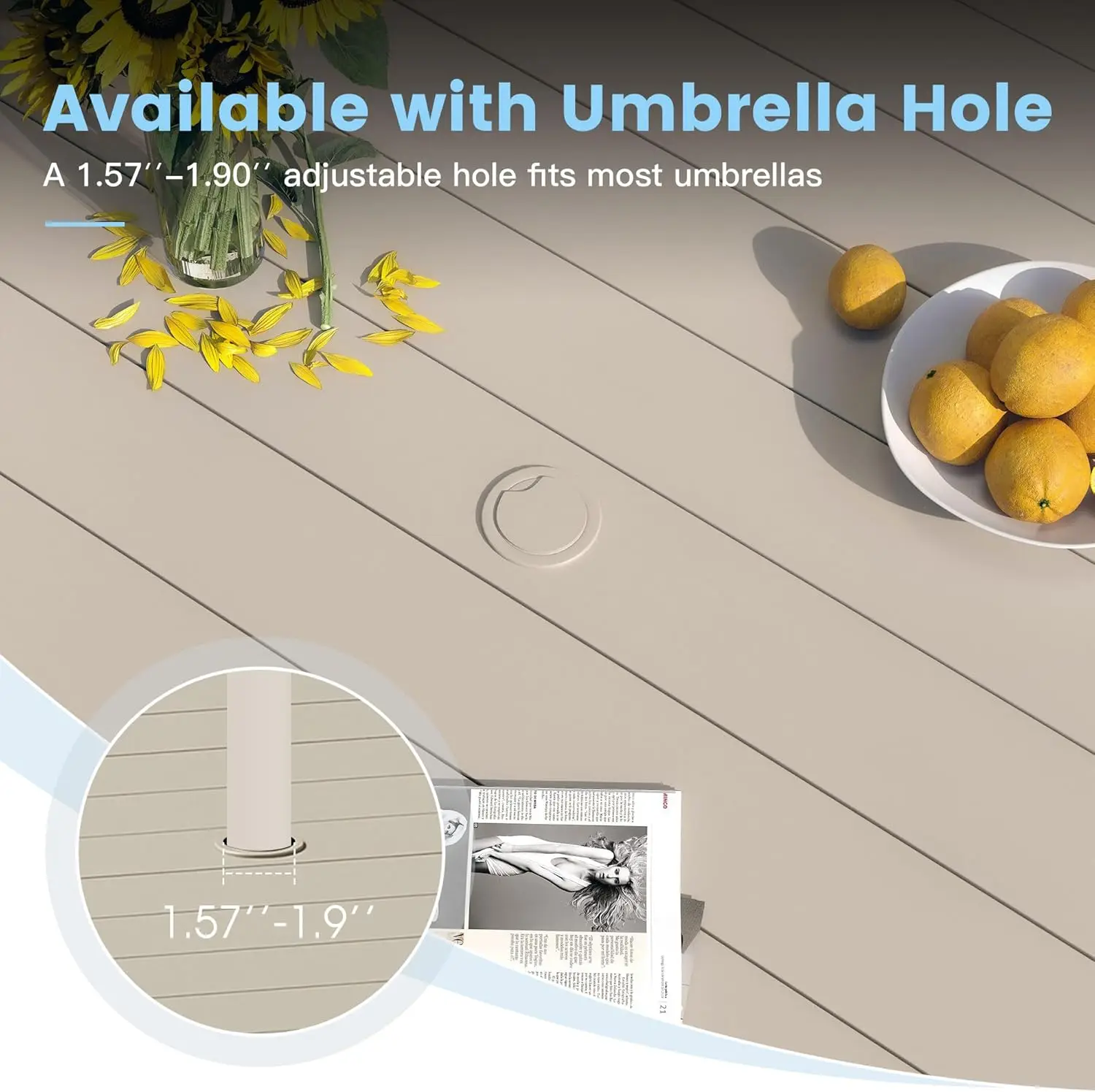 Table à manger ronde de patio de 48 po pour 6, table à manger extérieure en métal avec trou pour parasol de 1,57 po pour jardin de pelouse arrière-cour, coque de sable