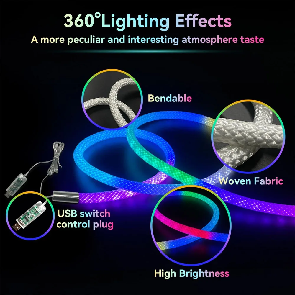 16.4ft LED Rope Lights, WS2811 WS2812B IC RGB Neon LED Strip with 360 Degree Luminous,5V USB Flexible IP65 Waterproof Music Sync