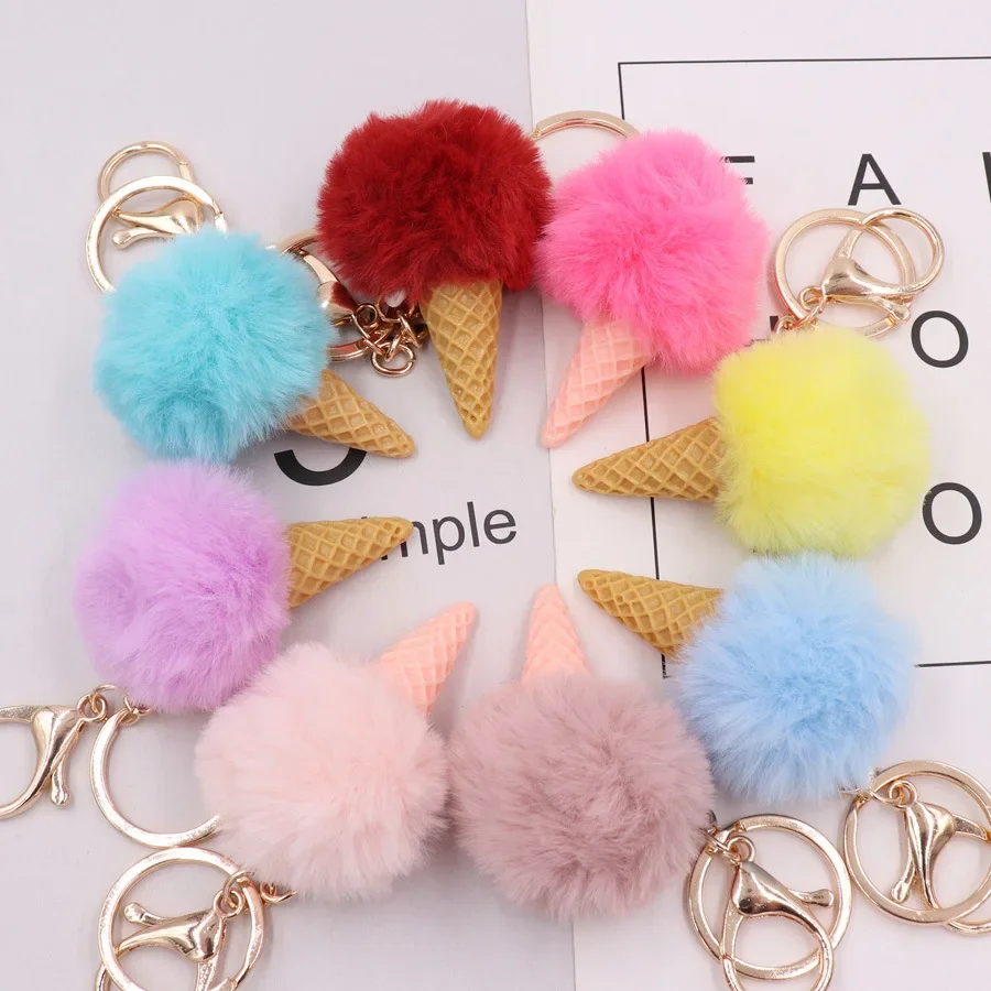 Cute Hair ball ice cream cone Keychain Pendant Women Key Ring Holder Pompoms Key Chains gifts for women bag accessories