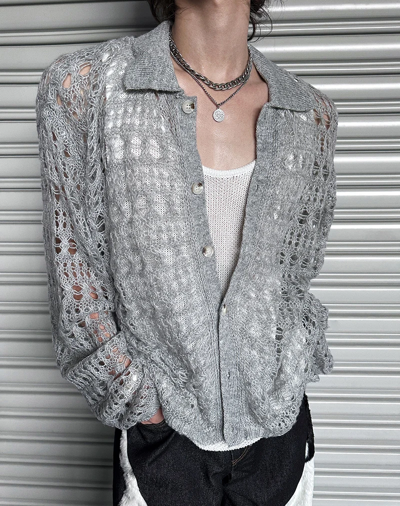 Men's Trendy Hollow Out Cardigan Sweaters Men's 2025 Autumn Winter New Versatile Knitted Tops Handsome Personality Knitwears