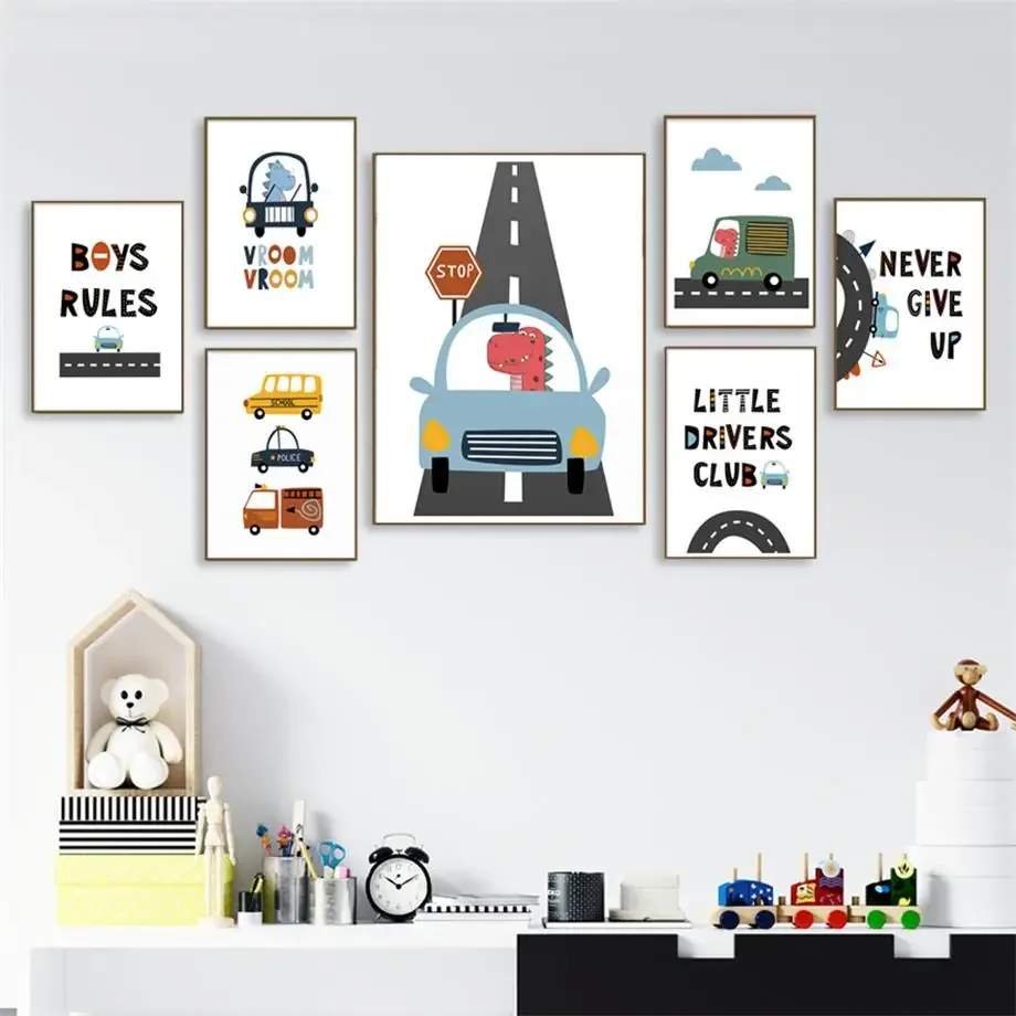

Cute Dinosaur School Bus Car Traffic Rules Rainbow Wall Art Canvas for Kids Room Decor Boys Baby Nursery Posters And Prints