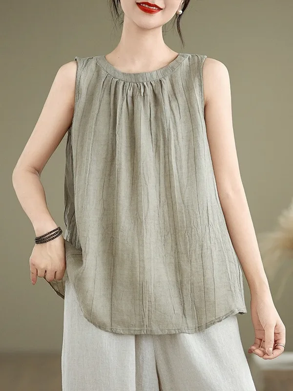 

Summer New 2026 Loose Cotton Linen Texture Small Vest Pure Color Folded Women's Top Large Size Fashionable Sleeveless Shirt