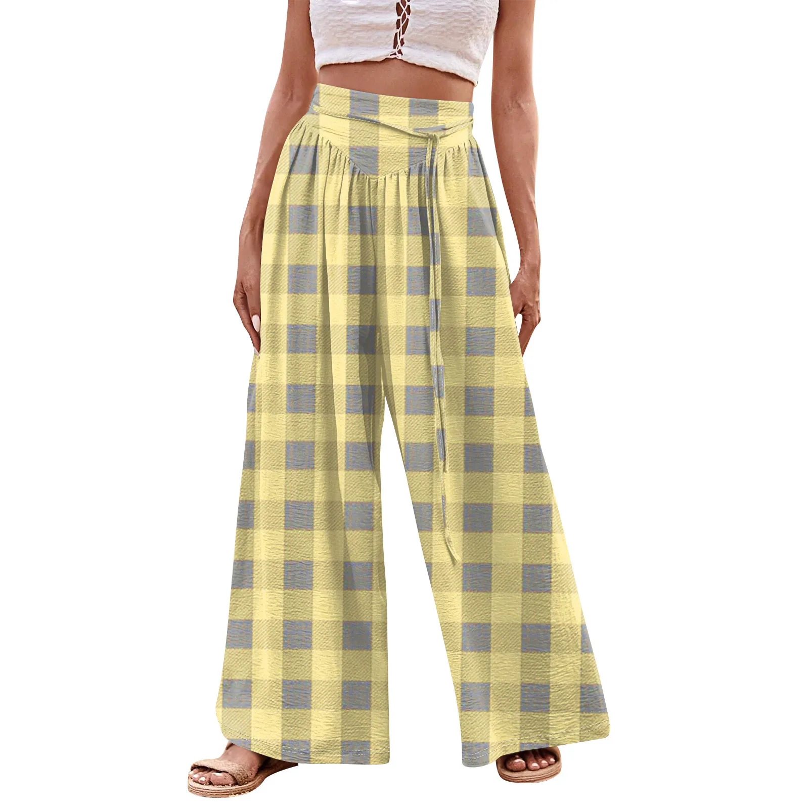 

Plaid Fashionable Summer Thin Breathable High Waist Straight Loose Pants Harajuku Hip Hop Street Casual Tie Strap Long Trousers