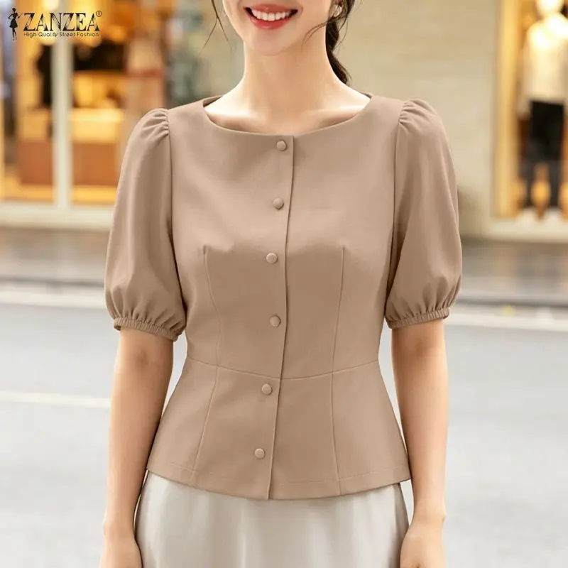 

2026 ZANZEA Summer Blouse Stylish Elegant Short Puff Sleeve Slim Fit Tops Women Casual Solid Color Work Shirt Buttons Up Blusas