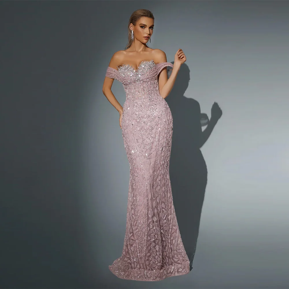 Maßgeschneidertes schulterfreies Meerjungfrau-Abendkleid mit kurzen Ärmeln, glitzernden Kristallen, maßgeschneiderte Anlasskleider, hochwertiges Ballkleid