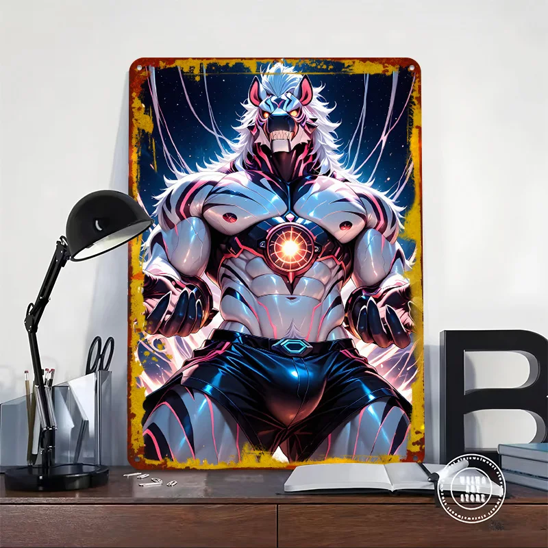 Cyberpunk Tiger Anthro Warrior Poster Customized Wall Art Vintage Metal Signs Retro Tin Plaque for Man Cave Setup Decorations