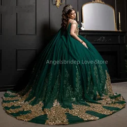 Angelsbridep Emerald Green Mexican Ball Gown Quinceanera Dresses With Gold Appliques Lace Beading Corset Vestidos De XV Anos