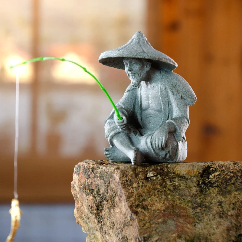 Aquarium Mini Fisherman Statue Asian Zen Decoration Sitting Fishing Figurines Sandstone Vintage Ornament for Fish Tank Garden