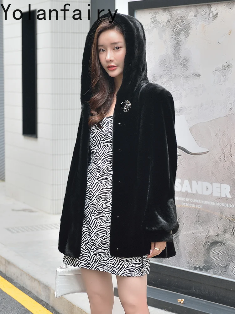 YOLANFAIRY Wysokiej Jakości Płaszcz z Naturalnego Futra Norki z Kapturem, Damska Zimowa Kurtka z Naturalnego Futra Norki, Średniej Długości Czarny Płaszcz Futrzany