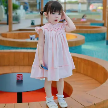 女童粉紅手工花朵刺繡褶皺洋裝公主裙純棉飛袖兒童精品服裝 10 最佳銷售 幼兒生日禮服 - №4