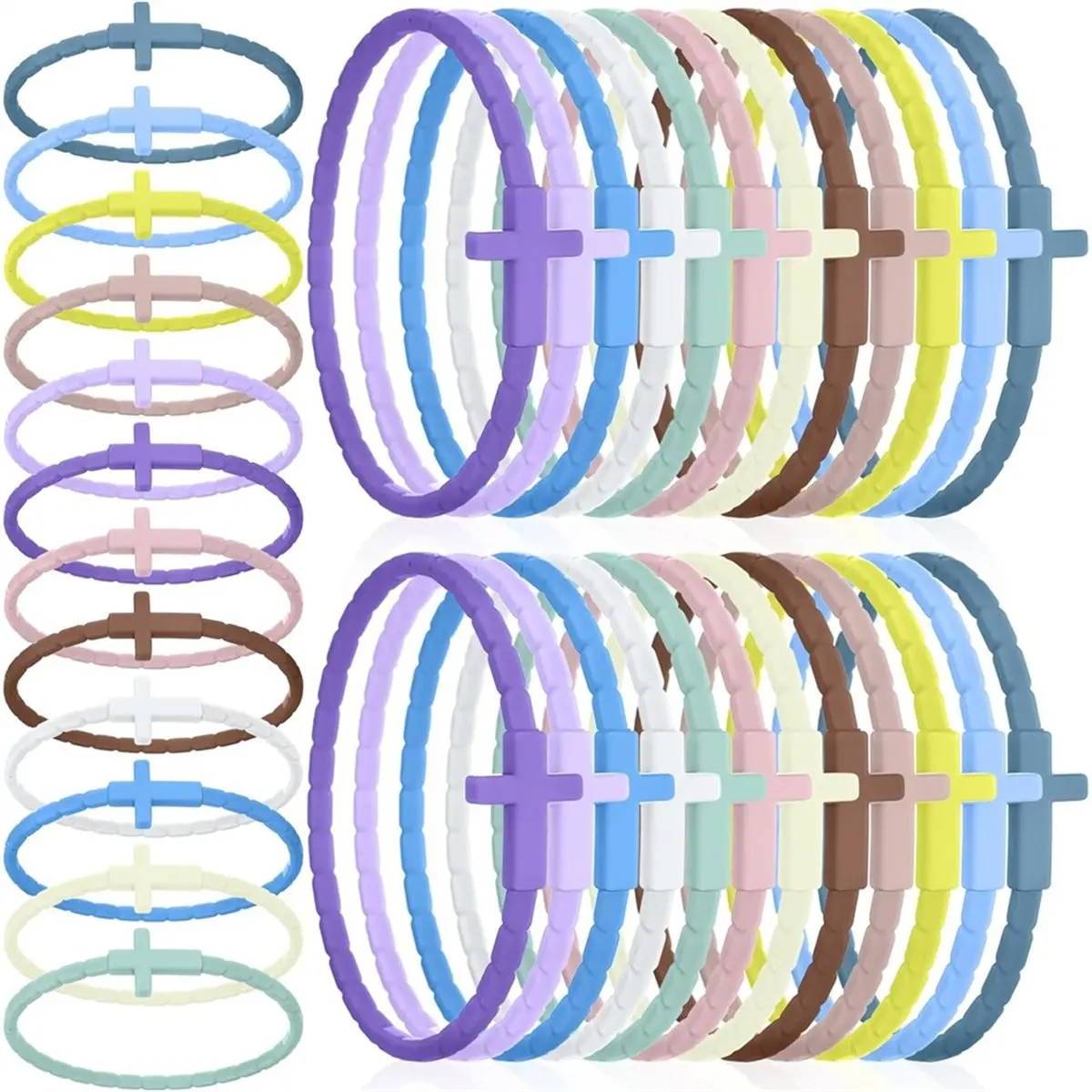 【TODAY-BUY】~@ 36 Pcs Silicone Crosses Bracelets Bulk Christian Jesus Bracelets 12 Colorful Stackable Rubber Wrist Accessories