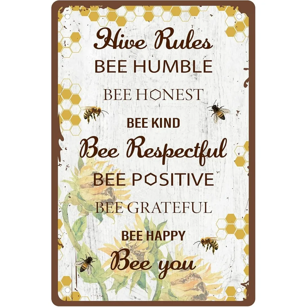 Metal Tin Sign Hive Rules Bee Happy Retro Vintage Funny Wall Decor Art Mural Hanging Iron Painting for Home Garden Bar Pub