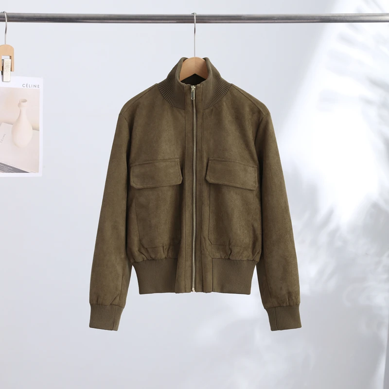 2026 Herbst Vintage Wildleder Damenjacke Langarm Revers Reißverschluss Tasche Stehkragen Kurzer Damenmantel Modische Streetwear-Oberbekleidung – Detail 11